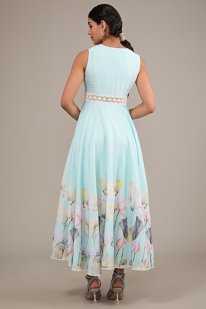 Blue Chanderi Floral Printed Midi Vacation Dress by TABEER INDIA at Pernia's Pop Up Shop
