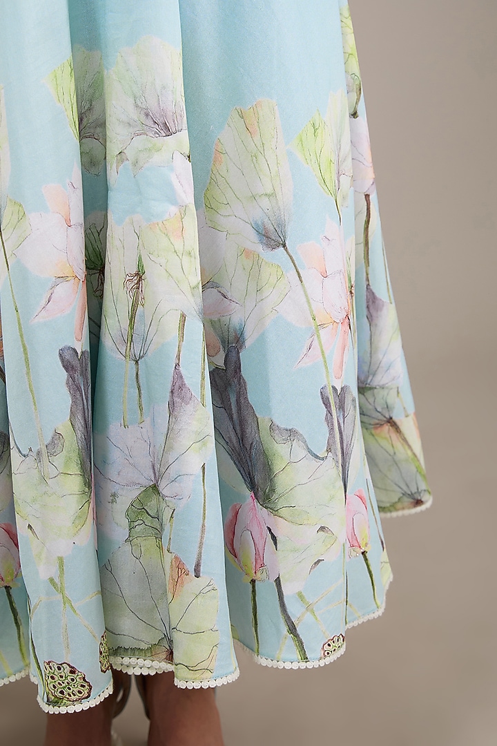 Blue Chanderi Floral Printed Midi Vacation Dress by TABEER INDIA at Pernia's Pop Up Shop