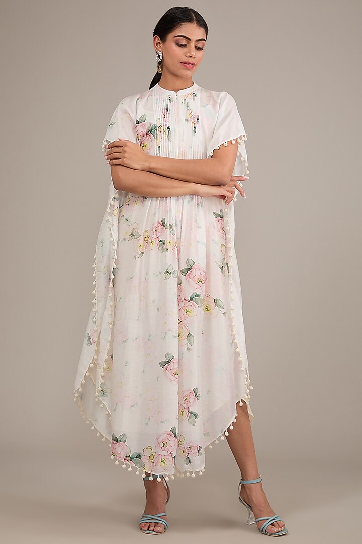 Ivory Chanderi Floral Printed Kaftan by TABEER INDIA at Pernia's Pop Up Shop