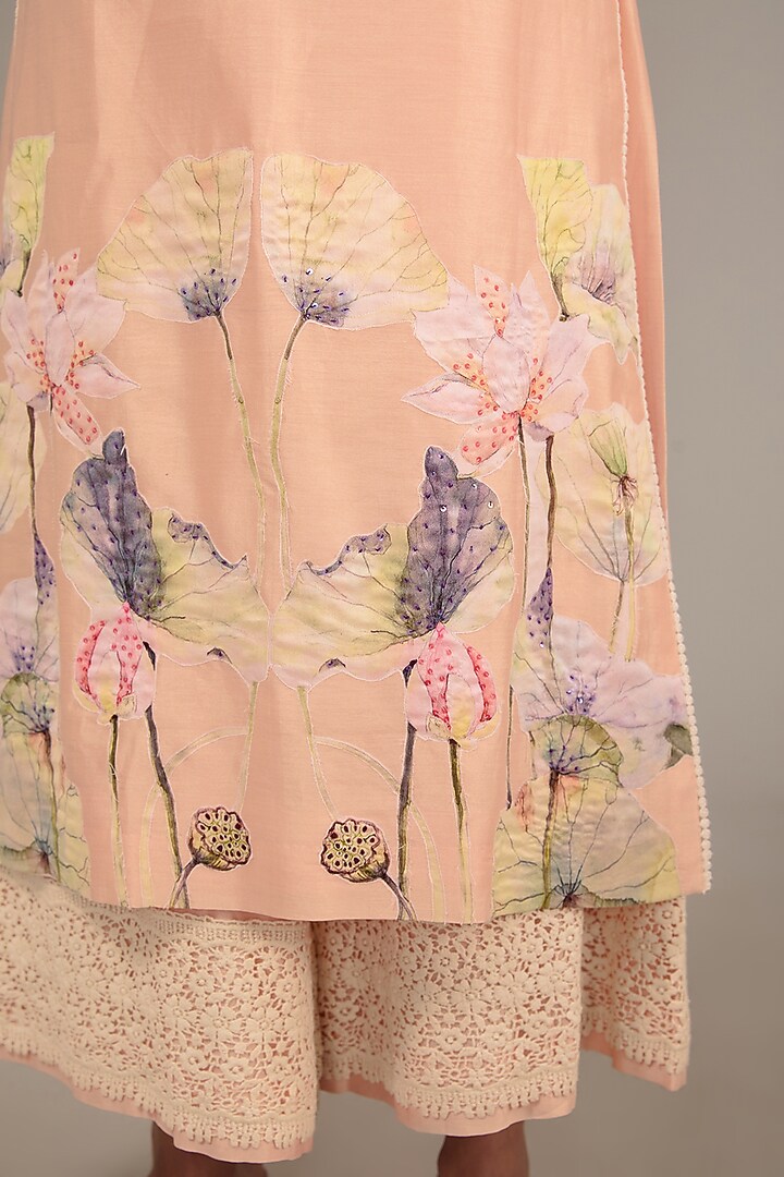 Peach Chanderi Floral Printed Tunic Set by TABEER INDIA at Pernia's Pop Up Shop