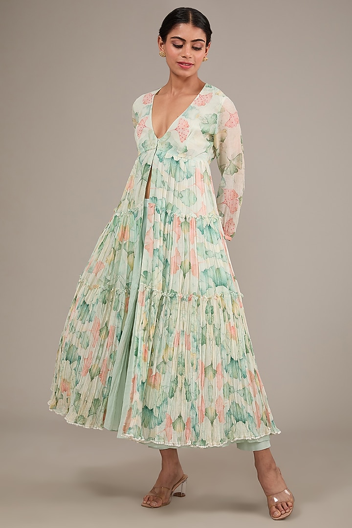 Mint Green Chanderi Floral Printed Party Wear Anarkali Set by TABEER INDIA at Pernia's Pop Up Shop