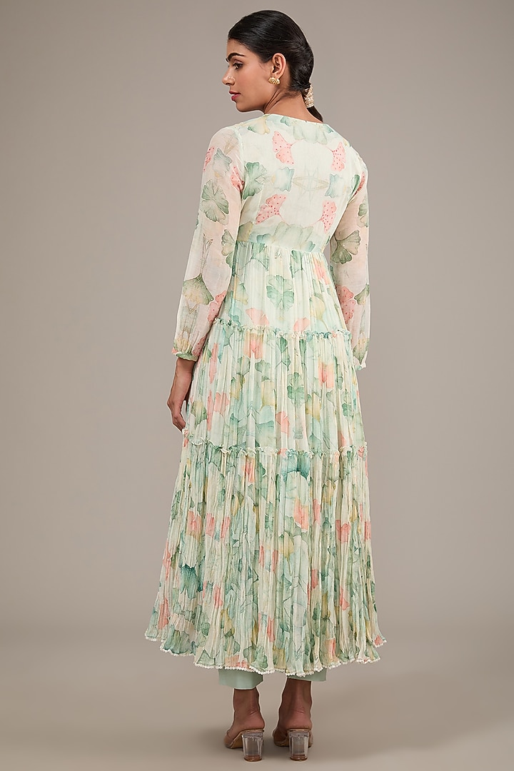 Mint Green Chanderi Floral Printed Party Wear Anarkali Set by TABEER INDIA at Pernia's Pop Up Shop