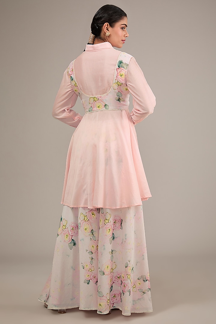White Chanderi Floral Printed Jacket Set by TABEER INDIA at Pernia's Pop Up Shop