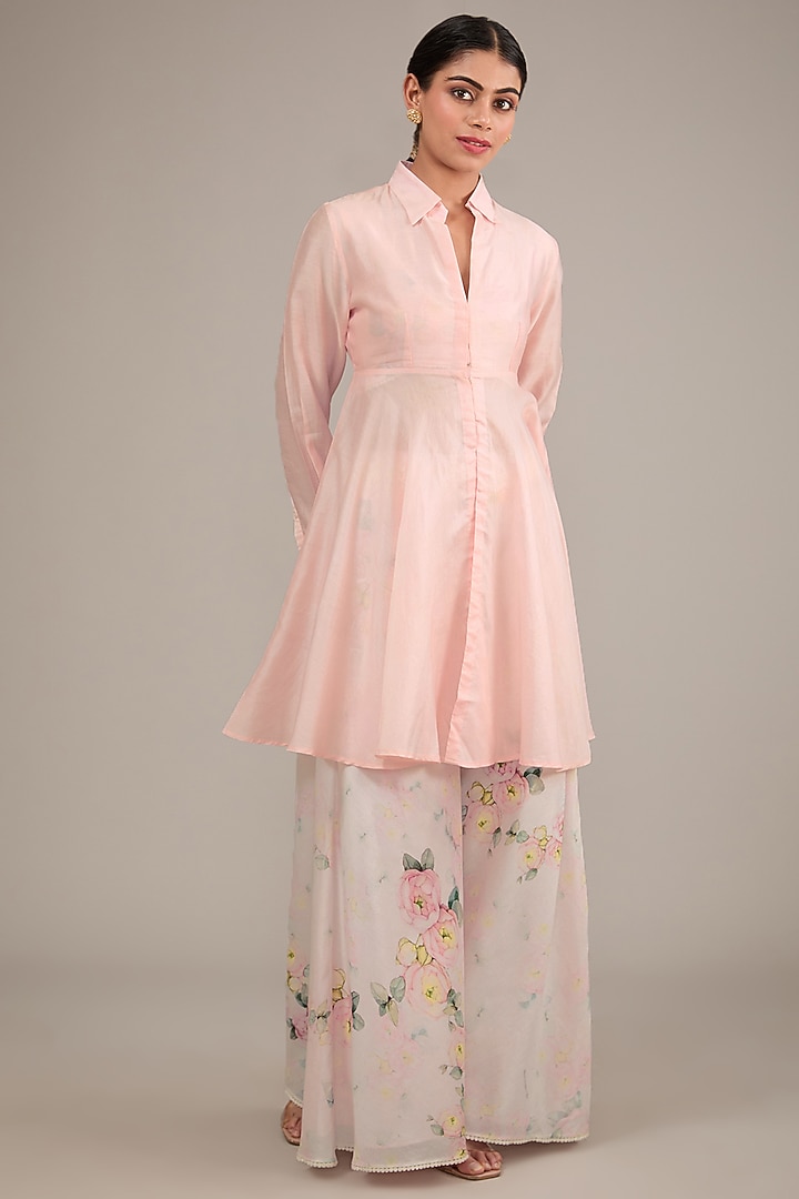White Chanderi Floral Printed Jacket Set by TABEER INDIA at Pernia's Pop Up Shop