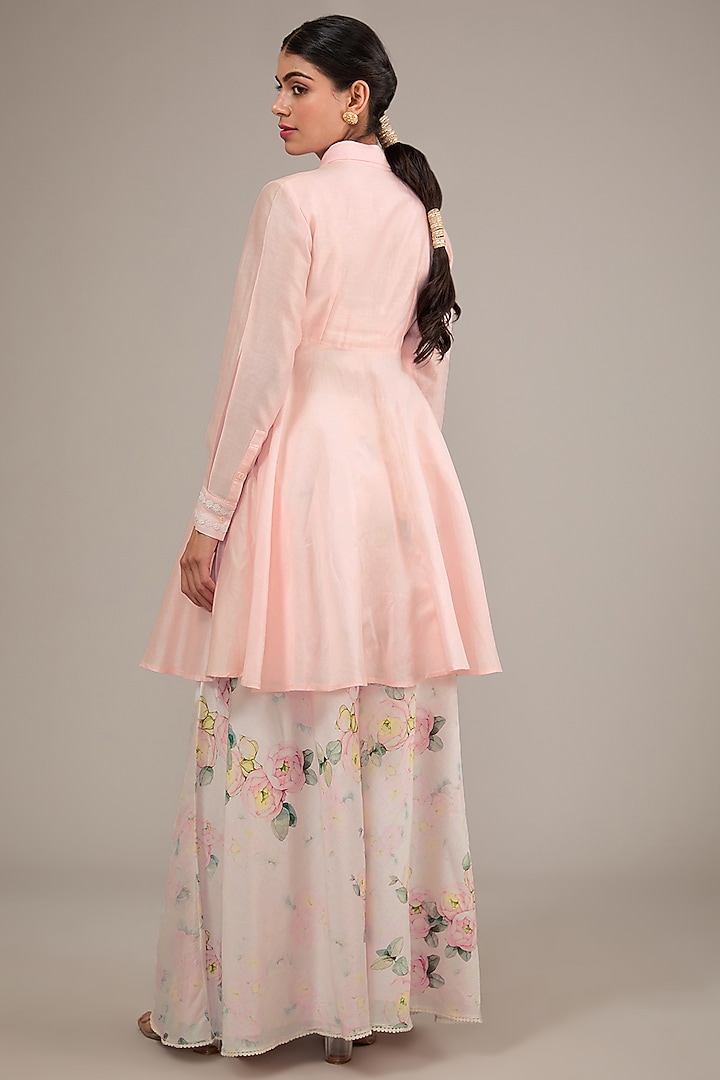 White Chanderi Floral Printed Jacket Set by TABEER INDIA at Pernia's Pop Up Shop