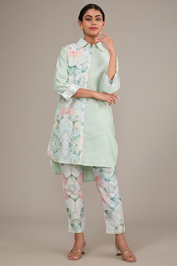 Mint Green Chanderi Floral Printed Co-Ord Set by TABEER INDIA