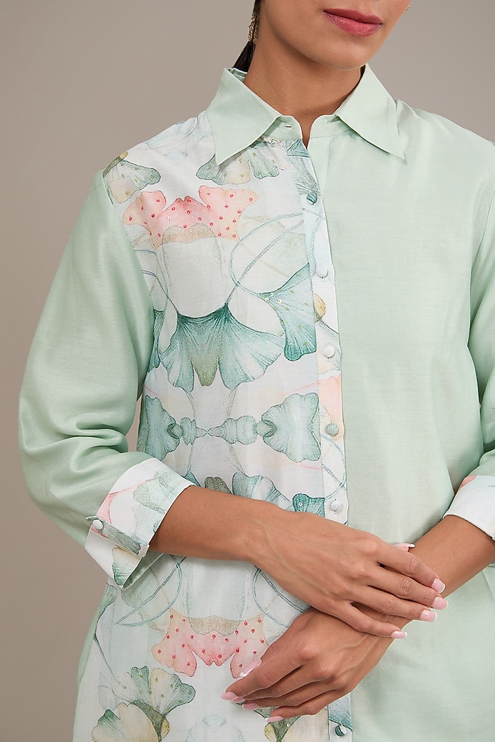 Mint Green Chanderi Floral Printed Co-Ord Set by TABEER INDIA at Pernia's Pop Up Shop