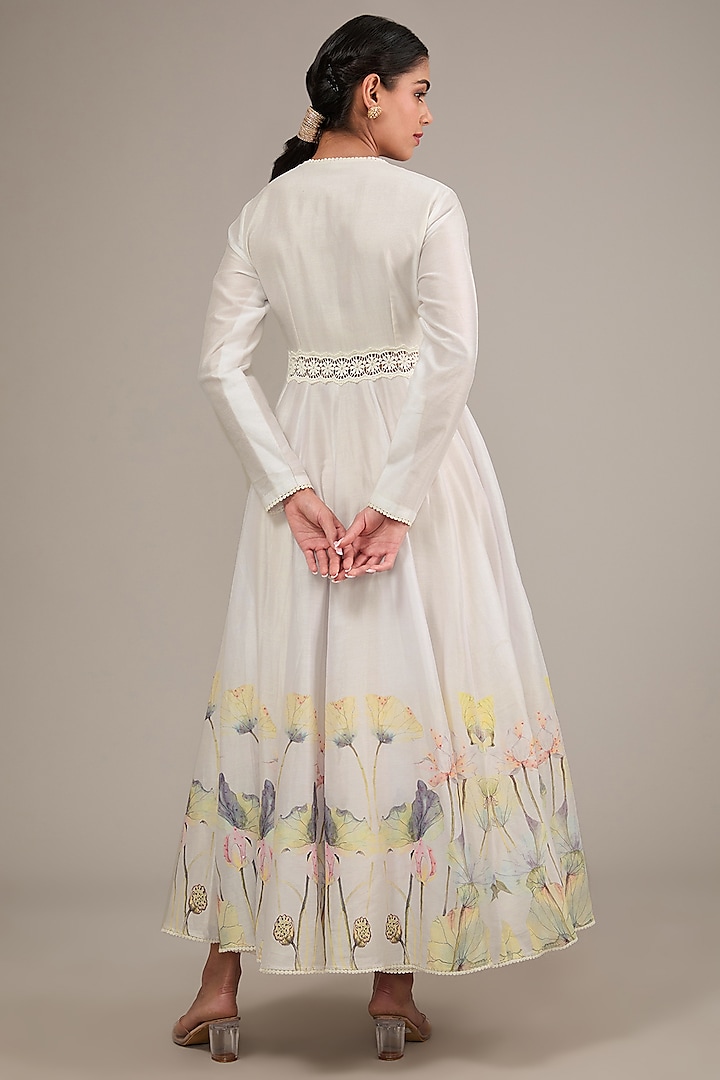 Ivory Chanderi Floral Printed Party Wear Anarkali Set by TABEER INDIA at Pernia's Pop Up Shop