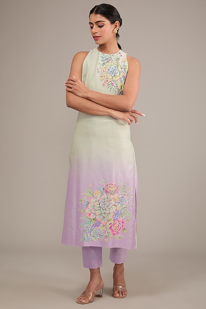 Purple & Mint Green Chanderi Floral Printed Ombre Tunic Set by TABEER INDIA at Pernia's Pop Up Shop