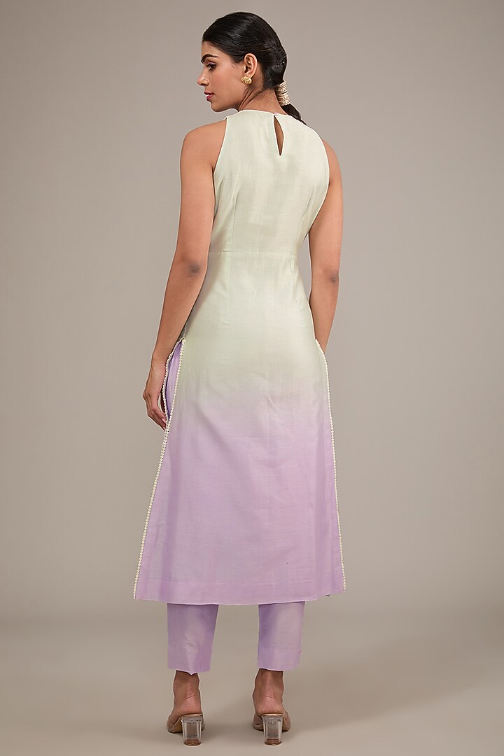 Purple & Mint Green Chanderi Floral Printed Ombre Tunic Set by TABEER INDIA at Pernia's Pop Up Shop