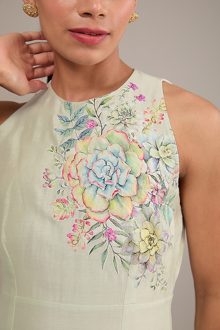Purple & Mint Green Chanderi Floral Printed Ombre Tunic Set by TABEER INDIA at Pernia's Pop Up Shop