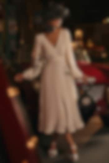 White Crepe Machine & Hand Embroidered Flared Vacation Dress by TABEER INDIA at Pernia's Pop Up Shop