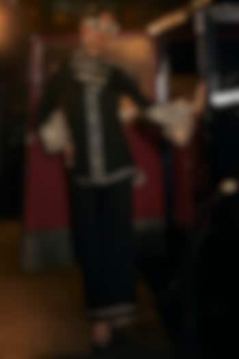 Black Satin Machine & Hand Embroidered Blazer Set by TABEER INDIA at Pernia's Pop Up Shop