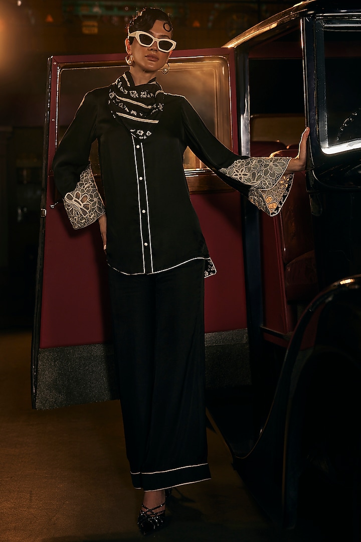 Black Satin Machine & Hand Embroidered Blazer Set by TABEER INDIA at Pernia's Pop Up Shop