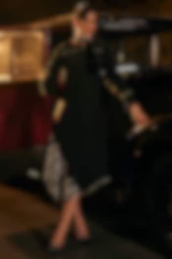 Black Crepe Machine Embroidered Asymmetric Vacation Dress by TABEER INDIA at Pernia's Pop Up Shop