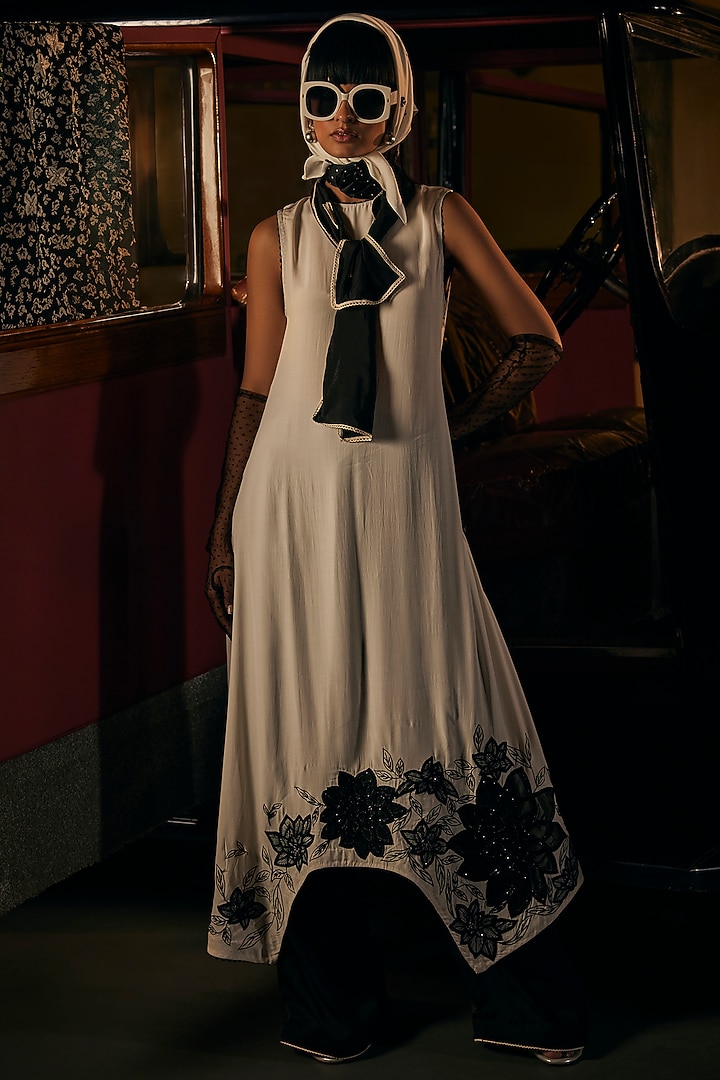 White Crepe Hand Embroidered A-Line Tunic Set by TABEER INDIA at Pernia's Pop Up Shop