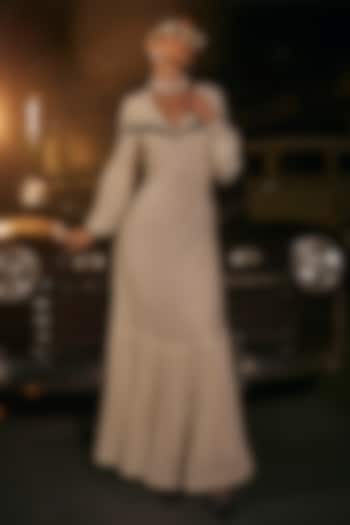 White Crepe Hand Embroidered Pleated Maxi Vacation Dress by TABEER INDIA at Pernia's Pop Up Shop