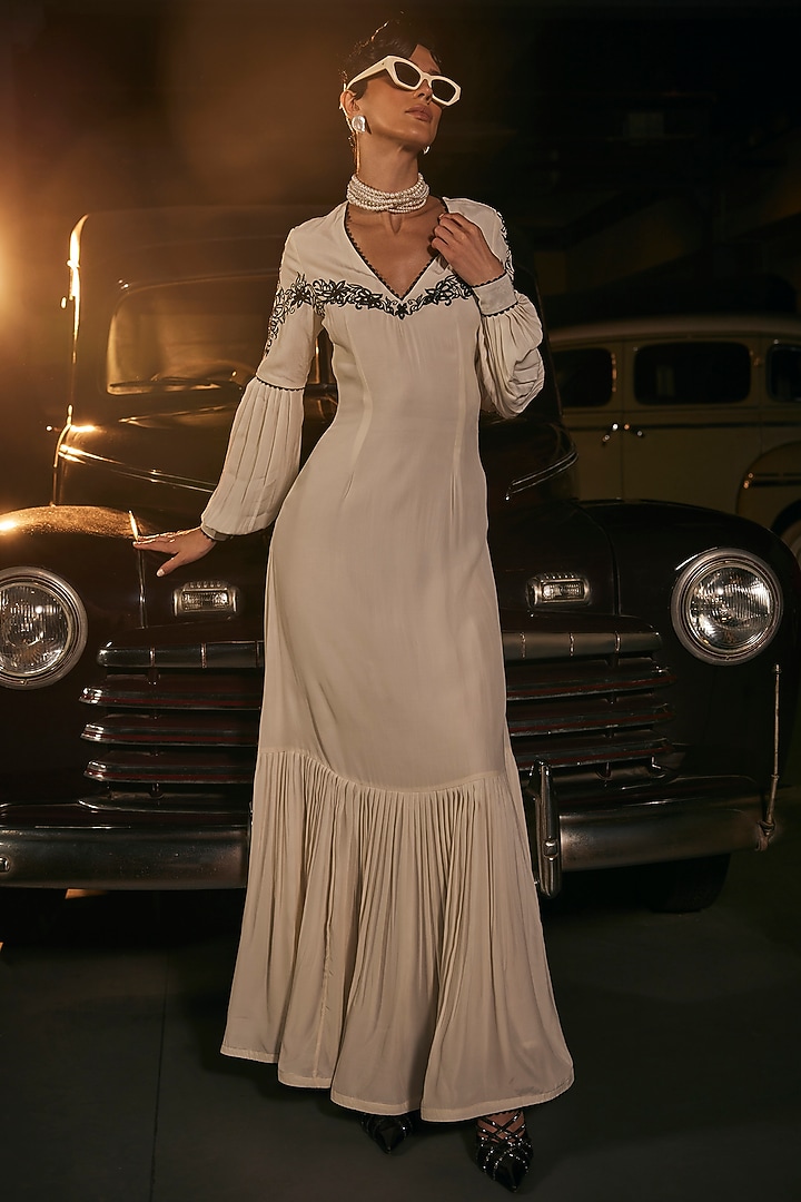 White Crepe Hand Embroidered Pleated Maxi Vacation Dress by TABEER INDIA at Pernia's Pop Up Shop