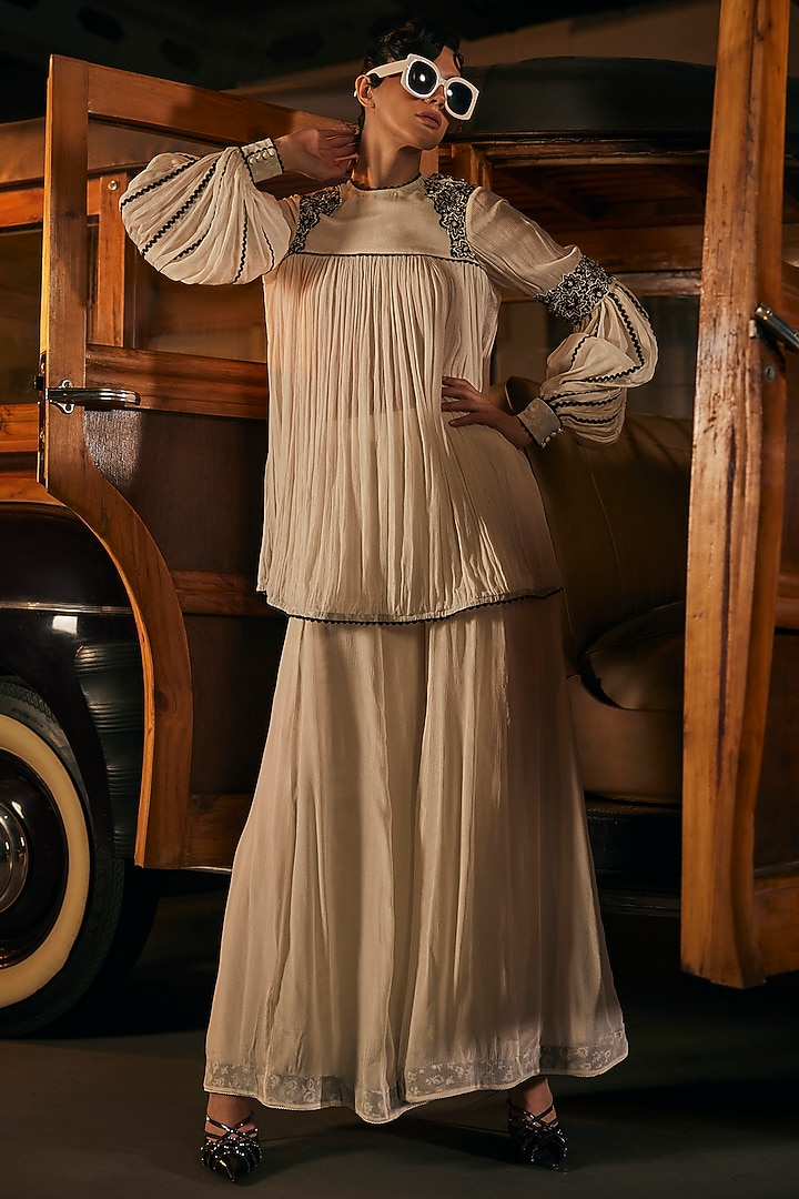 White Chinon Party Wear Sharara Set by TABEER INDIA at Pernia's Pop Up Shop