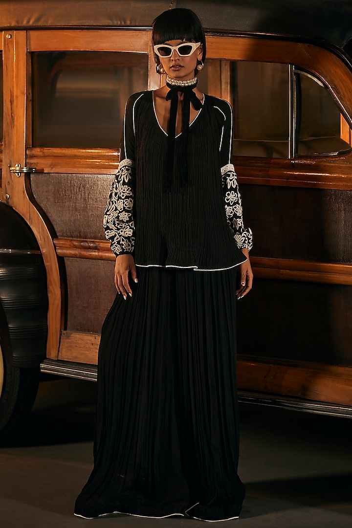 Black Chinon Party Wear Sharara Set by TABEER INDIA at Pernia's Pop Up Shop