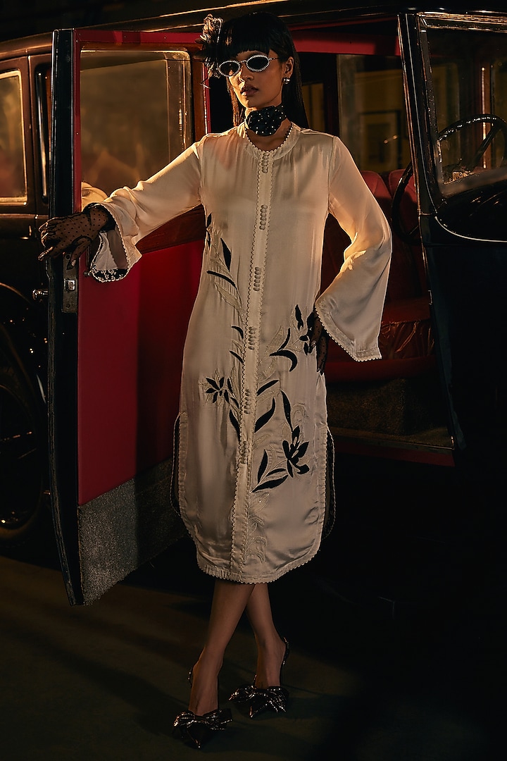 White Satin Machine & Hand Embroidered Shirt Vacation Dress by TABEER INDIA at Pernia's Pop Up Shop