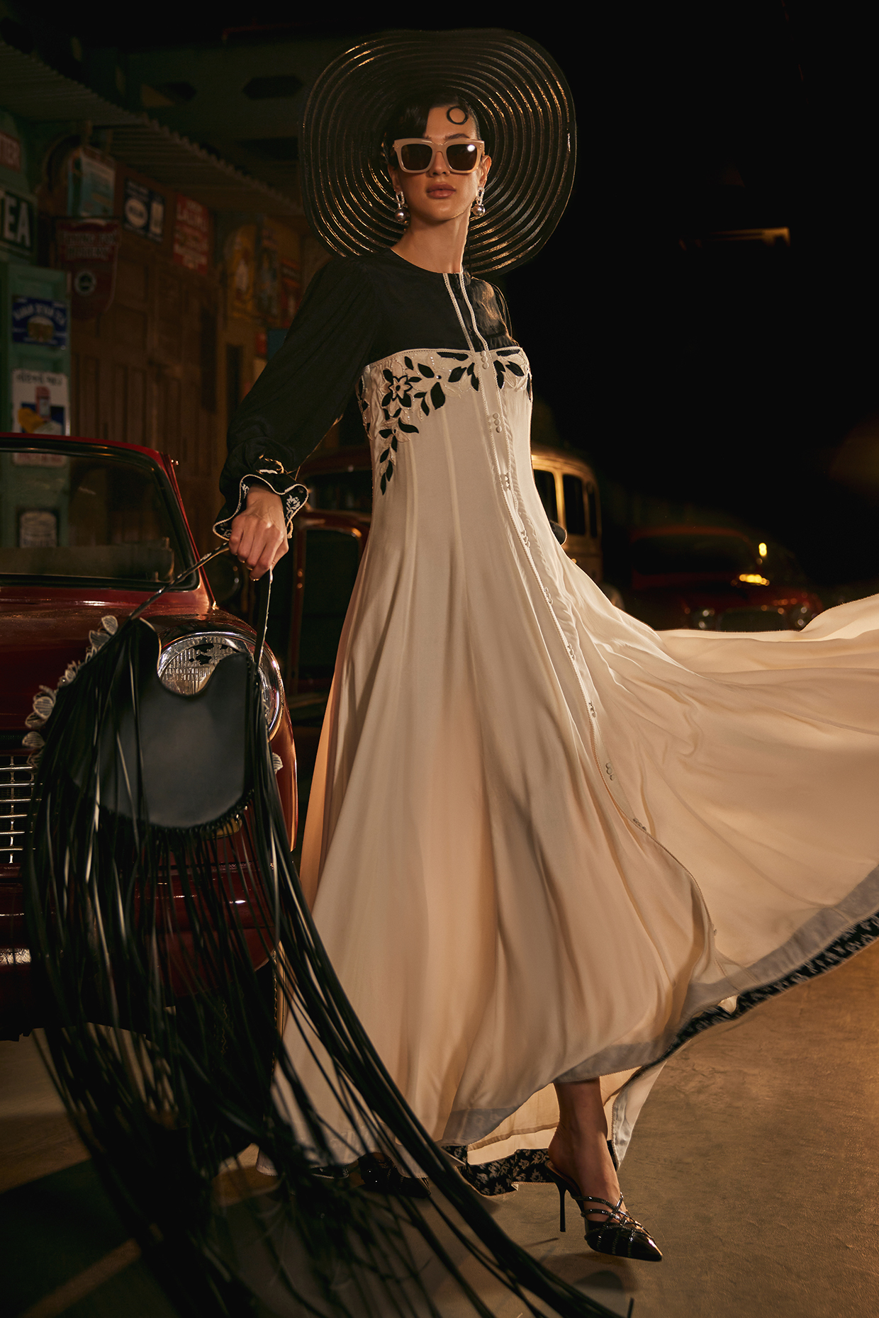 Black & White Crepe Patchwork A-Line Flared Vacation Dress by TABEER INDIA at Pernia's Pop Up Shop