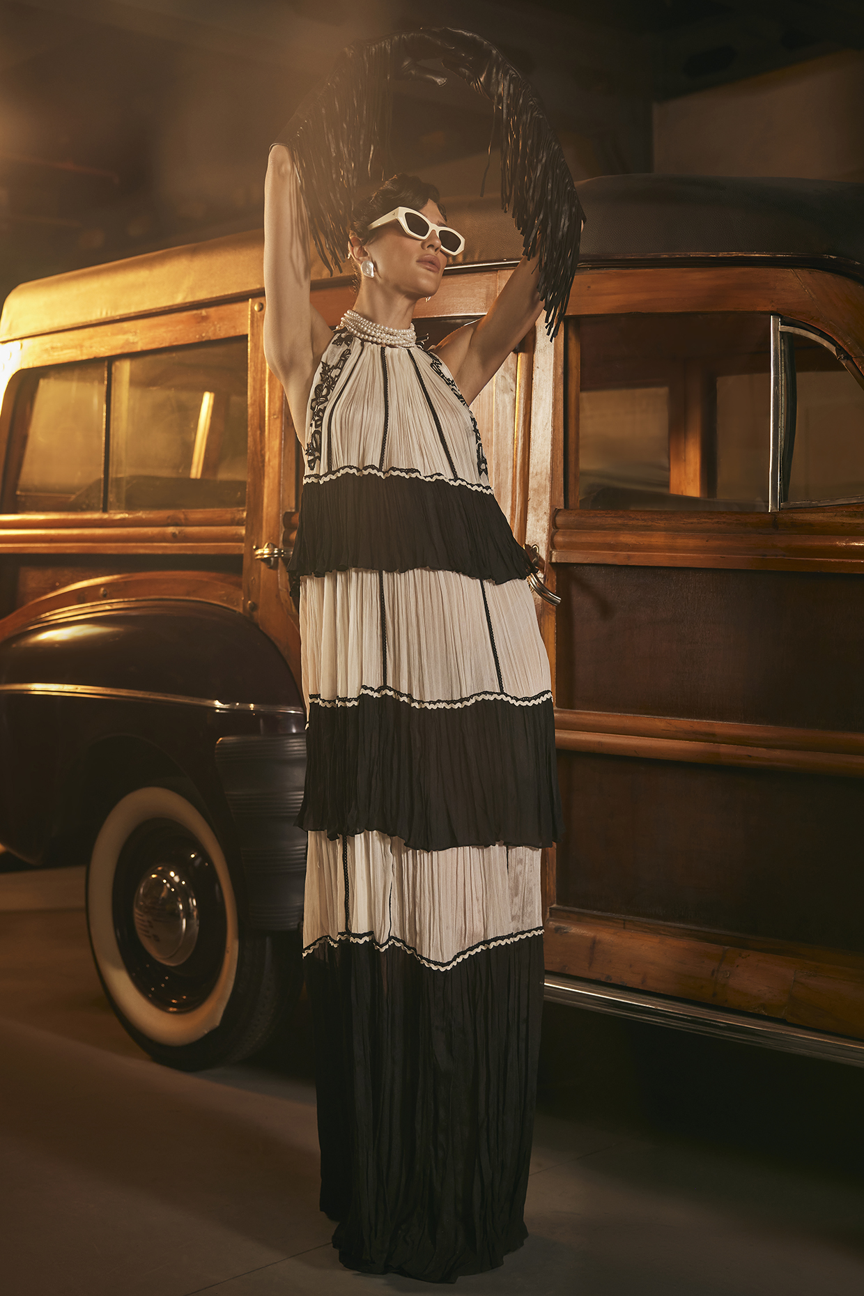 Black & White Chinon Machine Embroidered Layered Halter Vacation Dress by TABEER INDIA at Pernia's Pop Up Shop