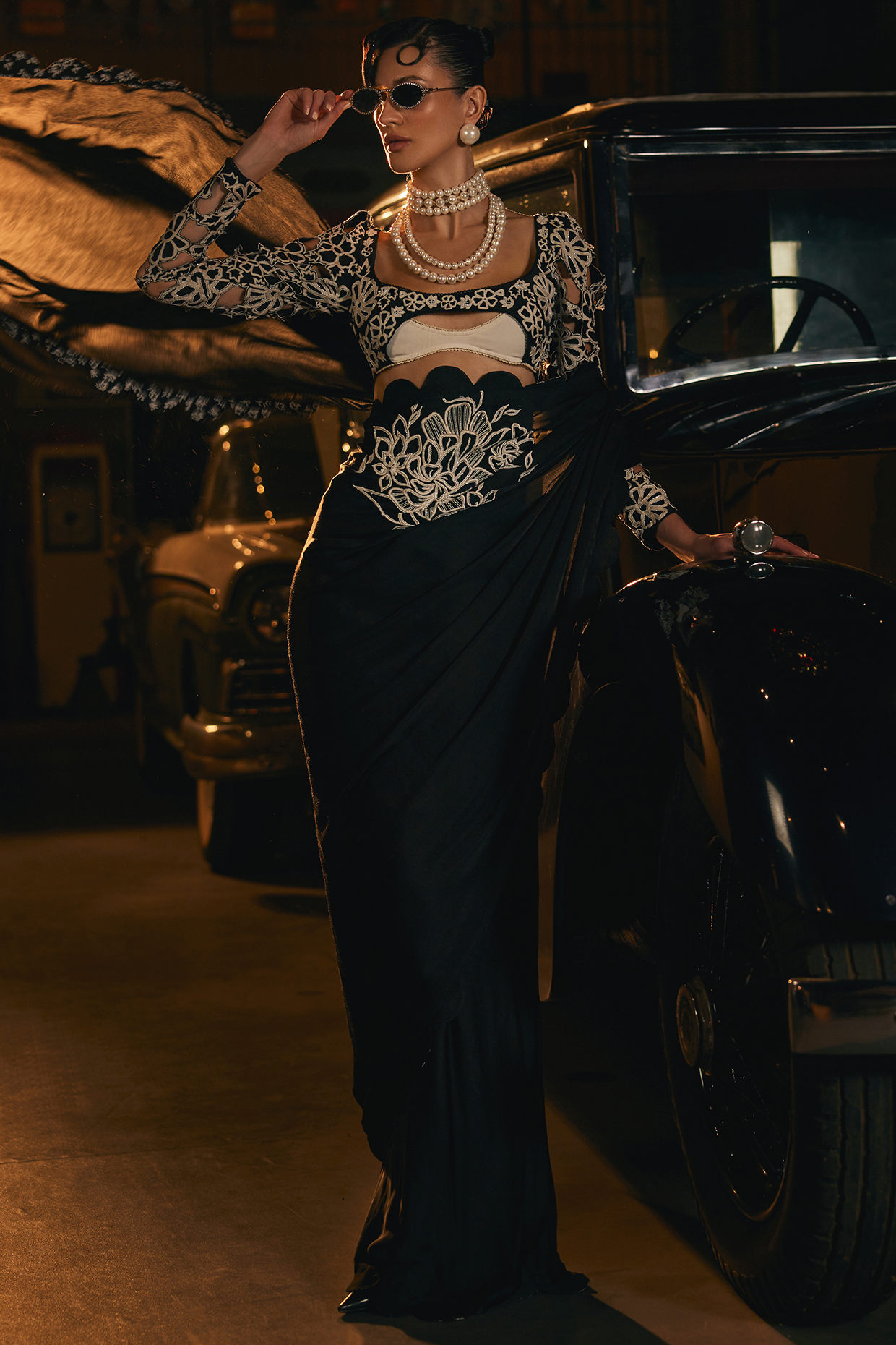 Black Satin Scalloped Party Wear Saree Set by TABEER INDIA at Pernia's Pop Up Shop