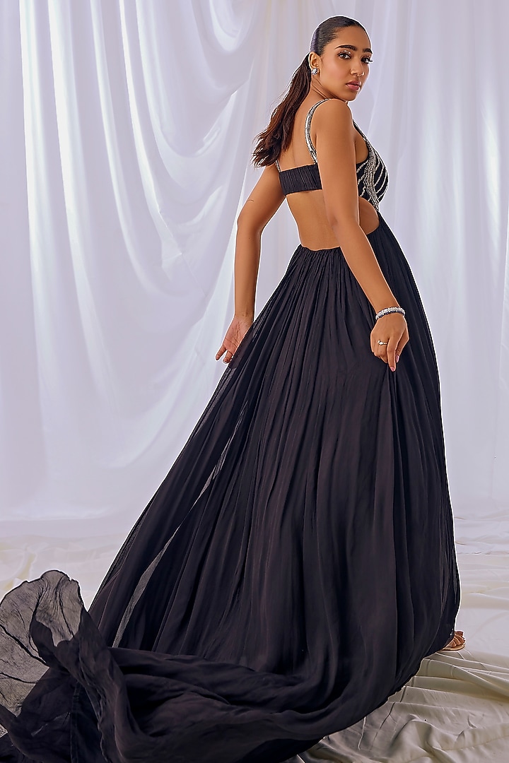 Black Chinon Metallic Embroidered Trail Engagement Gown by TABEER INDIA at Pernia's Pop Up Shop