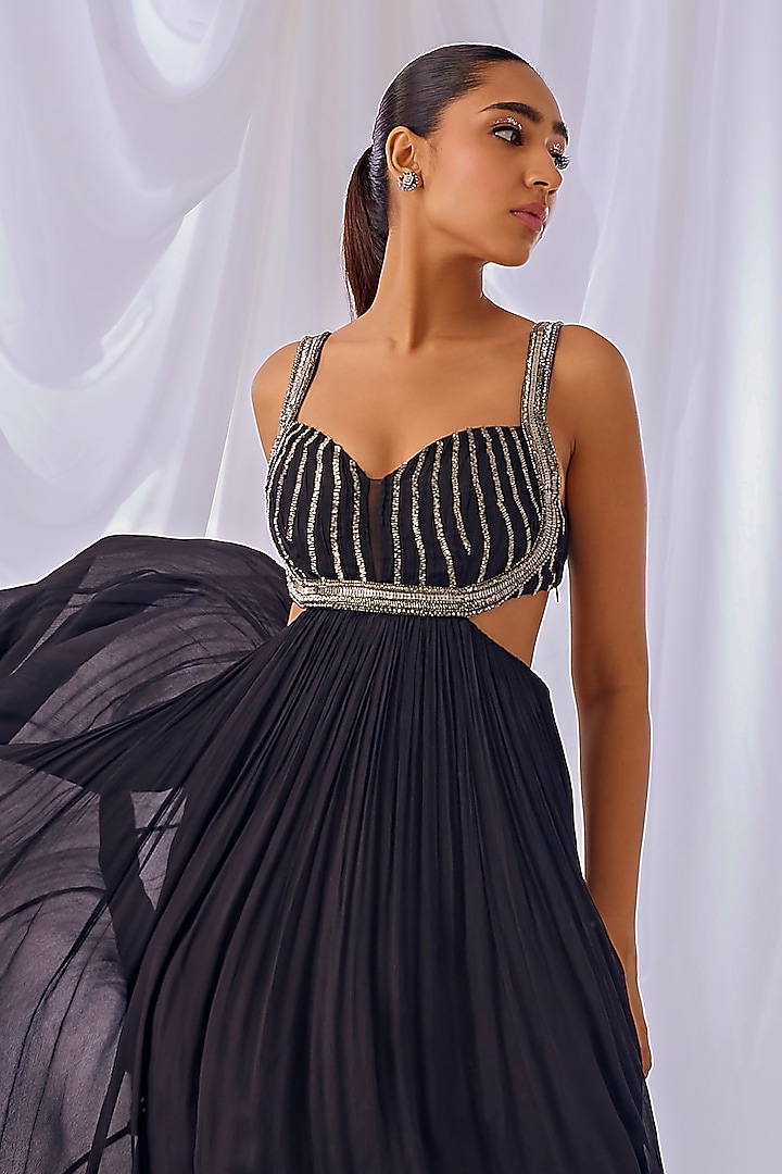 Black Chinon Metallic Embroidered Trail Engagement Gown by TABEER INDIA at Pernia's Pop Up Shop