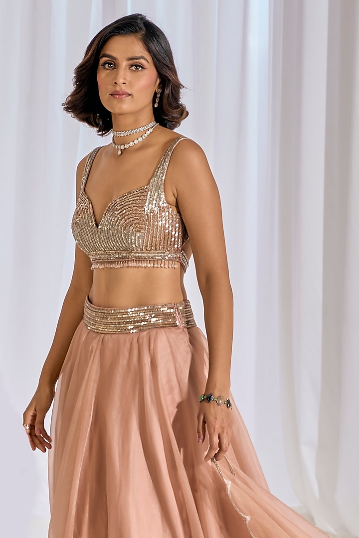 Pale Peach Organza Cutdana & Sequins Embroidered Wedding Lehenga Set by TABEER INDIA at Pernia's Pop Up Shop