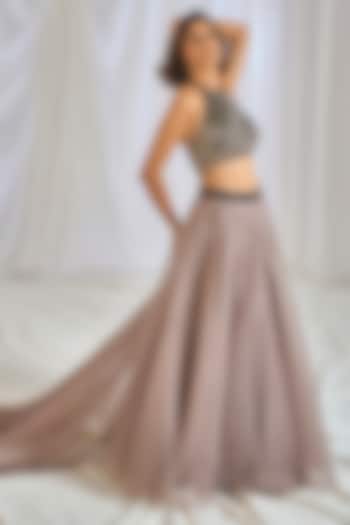 Mouse Grey Organza Flared Wedding Lehenga Set by TABEER INDIA at Pernia's Pop Up Shop