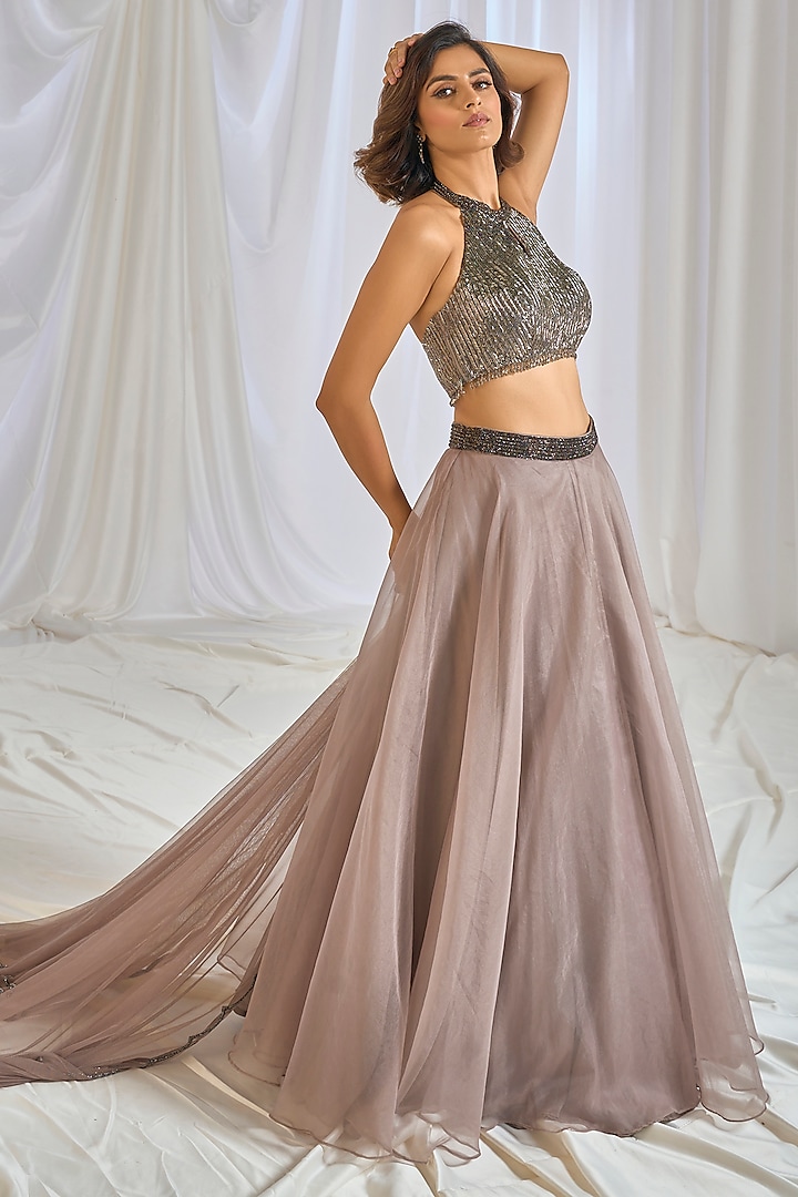 Mouse Grey Organza Flared Wedding Lehenga Set by TABEER INDIA at Pernia's Pop Up Shop