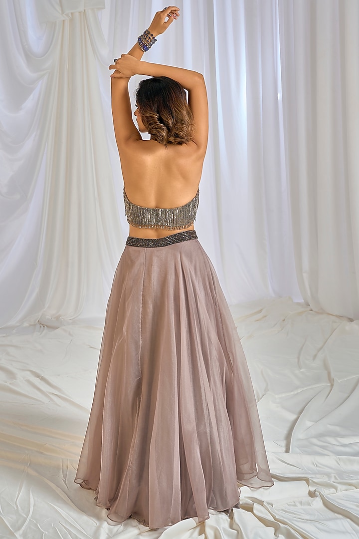 Mouse Grey Organza Flared Wedding Lehenga Set by TABEER INDIA at Pernia's Pop Up Shop