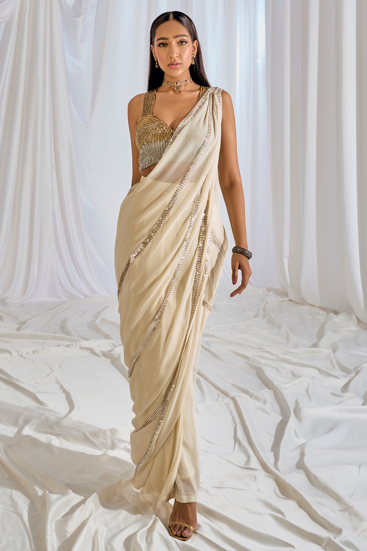 Pre-Draped Metallic Saree with Blouse | Blouse designs catalogue, Saree,  Fashion