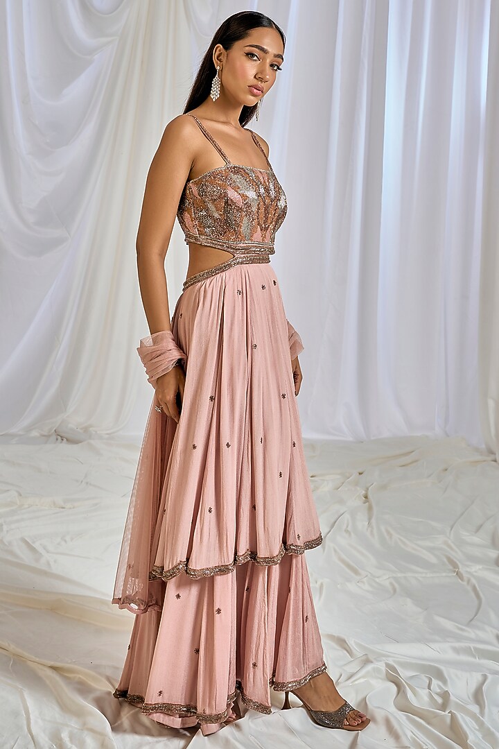 Pale Peach Chinon hand Embroidered Wedding Anarkali Set by TABEER INDIA at Pernia's Pop Up Shop