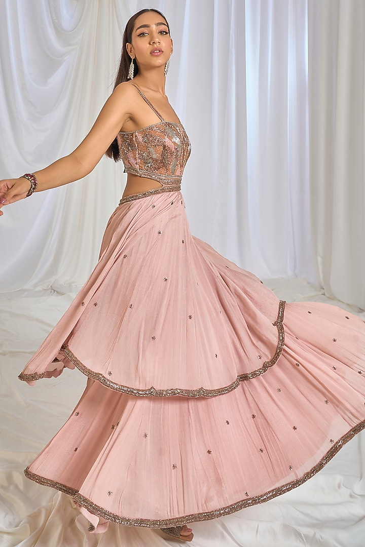 Pale Peach Chinon hand Embroidered Wedding Anarkali Set by TABEER INDIA at Pernia's Pop Up Shop