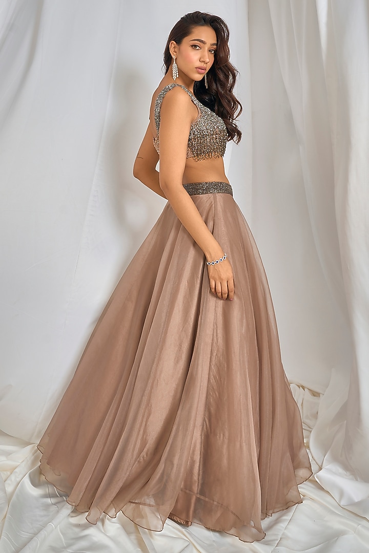 Pale Nude Organza Wedding Lehenga Set by TABEER INDIA at Pernia's Pop Up Shop