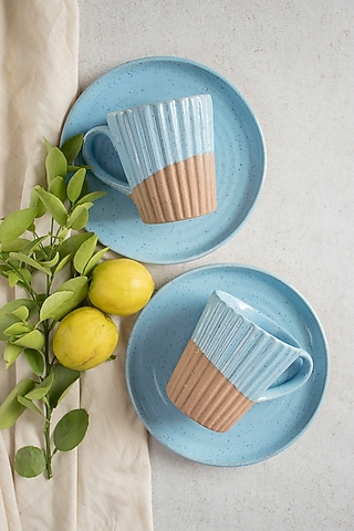 Blue & Brown Mugs With Plates (Set of 4) by The Table Fable