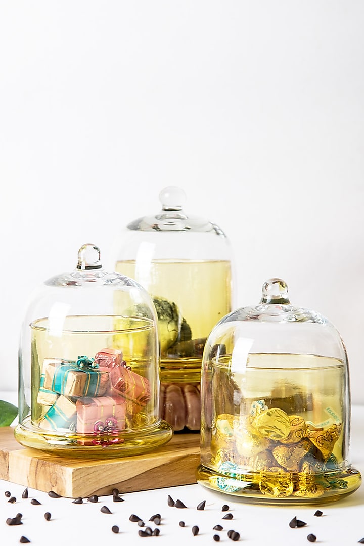 Yellow & Transparent Glass Bell Jar (Set of 3) by The Table Fable at Pernia's Pop Up Shop