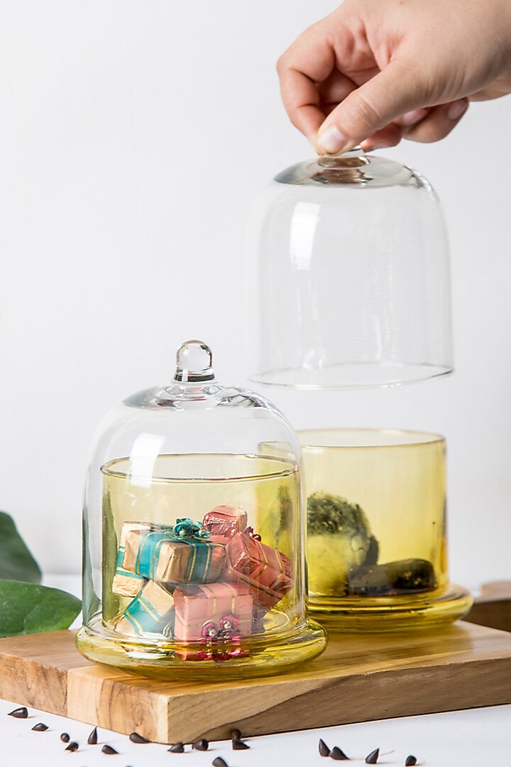 Yellow & Transparent Glass Bell Jar (Set of 3) by The Table Fable at Pernia's Pop Up Shop
