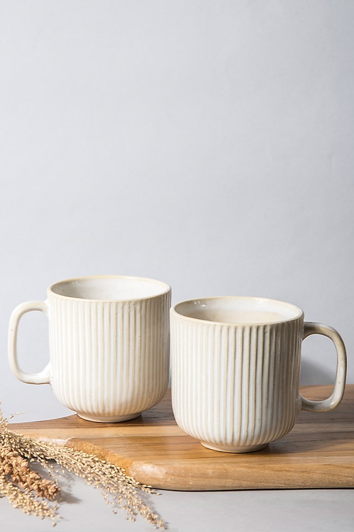 Ivory Ceramic Striped Mugs (Set Of 2) by The Table Fable at Pernia's Pop Up Shop