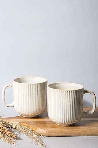 Ivory Ceramic Striped Mugs (Set Of 2) by The Table Fable