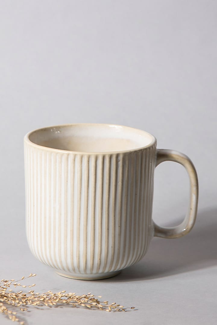 Ivory Ceramic Striped Mugs (Set Of 2) by The Table Fable at Pernia's Pop Up Shop
