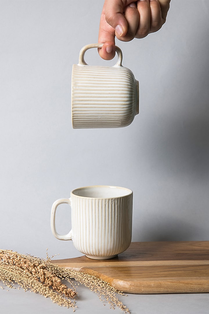Ivory Ceramic Striped Mugs (Set Of 2) by The Table Fable at Pernia's Pop Up Shop