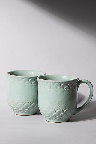 Aqua Green Ceramic Striped Mugs (Set Of 2) by The Table Fable