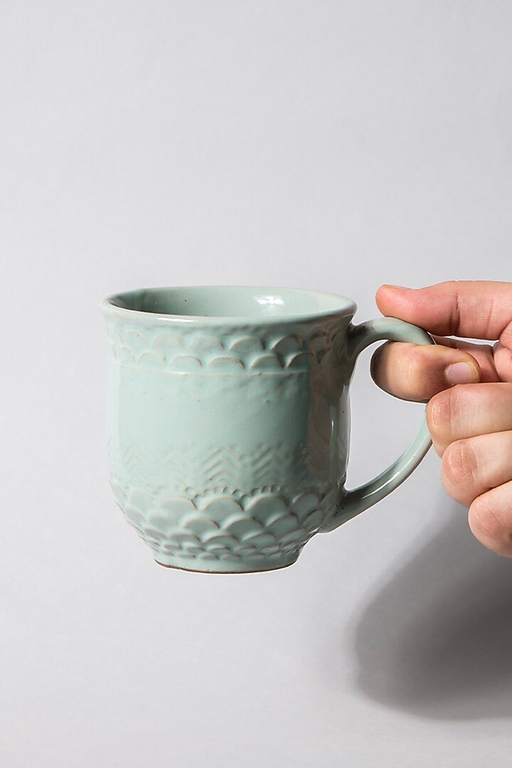 Aqua Green Ceramic Striped Mugs (Set Of 2) by The Table Fable at Pernia's Pop Up Shop