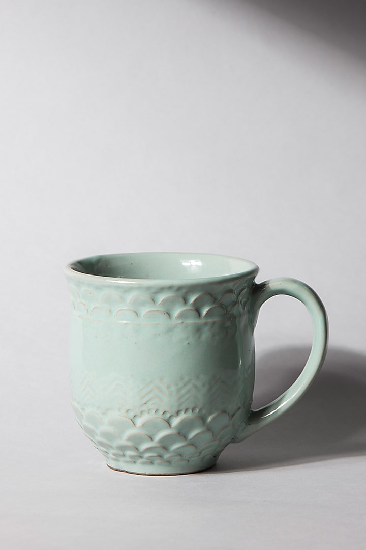 Aqua Green Ceramic Striped Mugs (Set Of 2) by The Table Fable at Pernia's Pop Up Shop