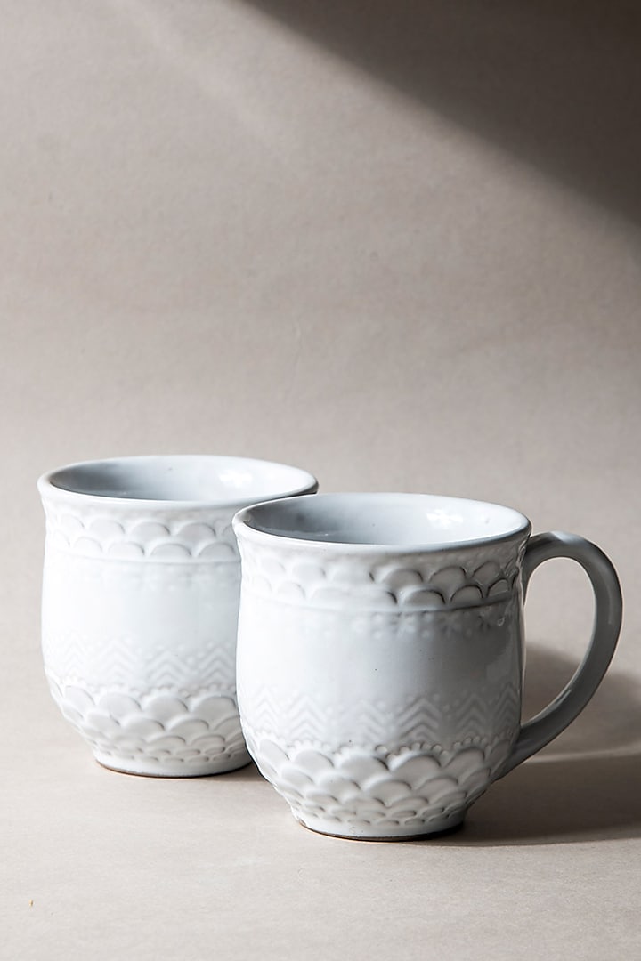 White Ceramic Etched Mugs (Set of 2) by The Table Fable at Pernia's Pop Up Shop