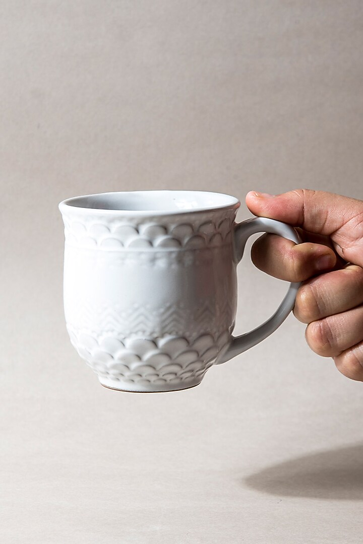 White Ceramic Etched Mugs (Set of 2) by The Table Fable at Pernia's Pop Up Shop